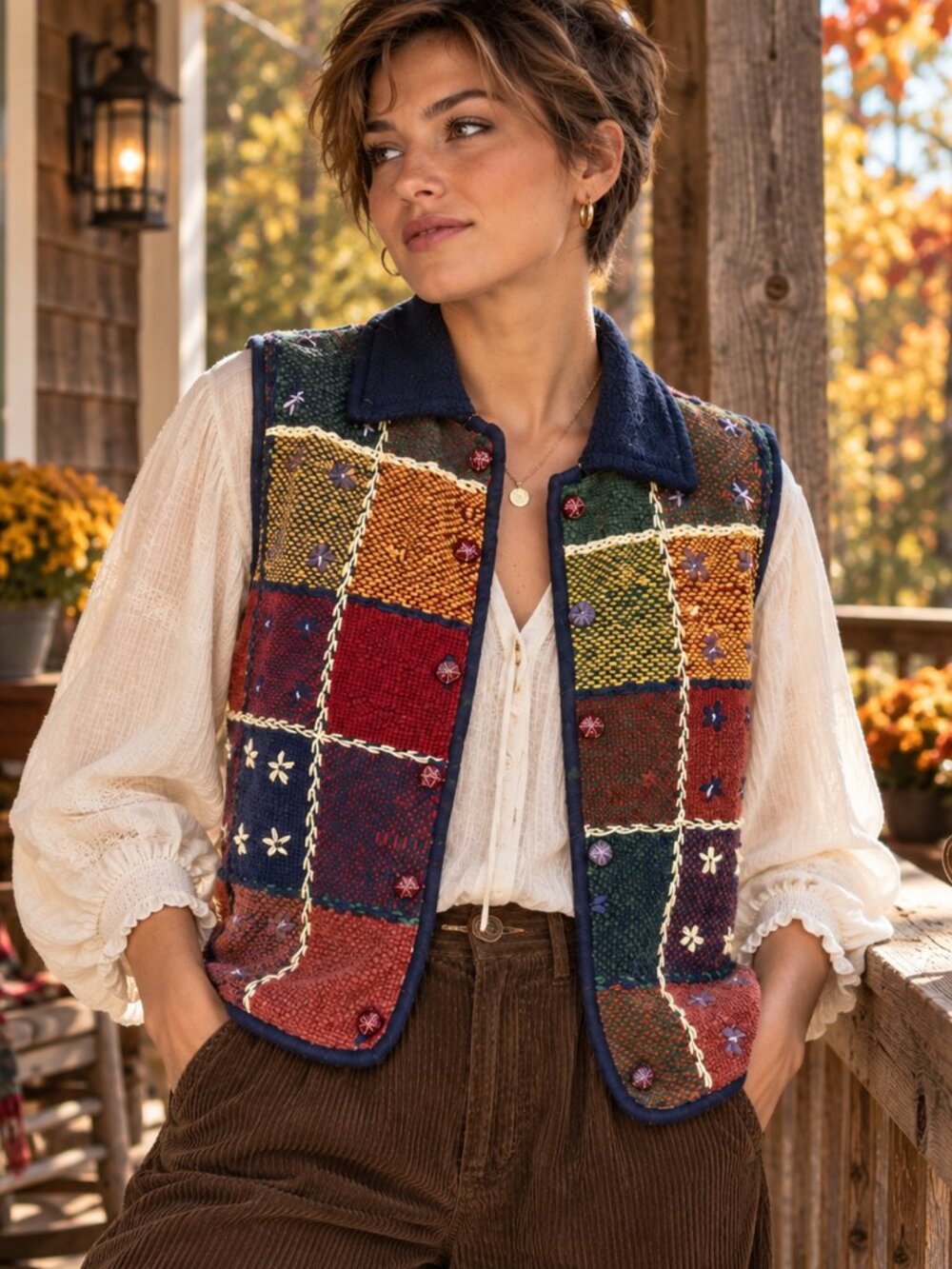 Vintage 90s Women's Size L Patchwork Embroidered Boho Vest Paul Harris
